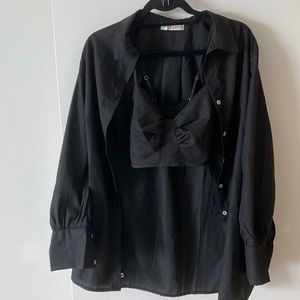 black button down shirt with under matching bralette